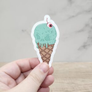 Zombie Skull Ice Cream Cone with Eyeball Vinyl Sticker 3"