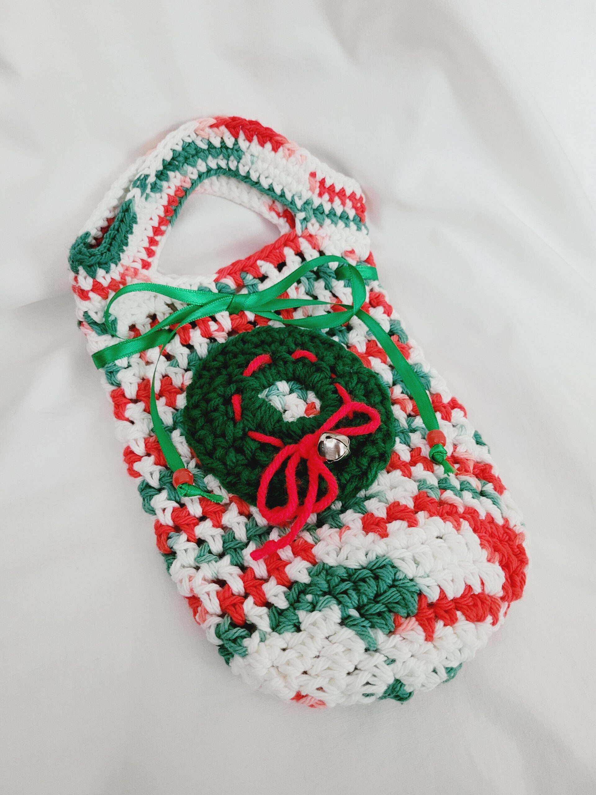 Crochet Gift Bag - Holiday with Green Crochet Wreath - Image 3