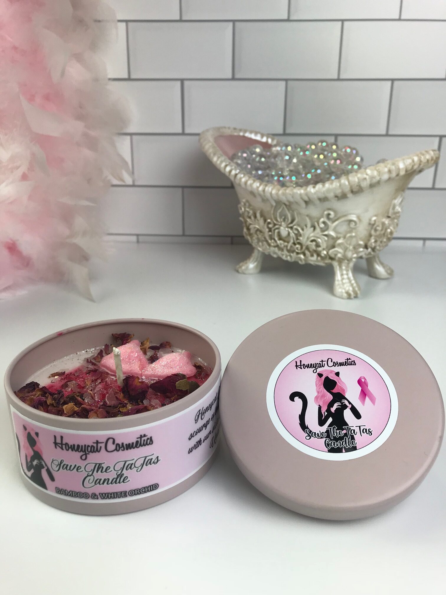 Save the Tatas bamboo and white orchid breast cancer awareness soy candle