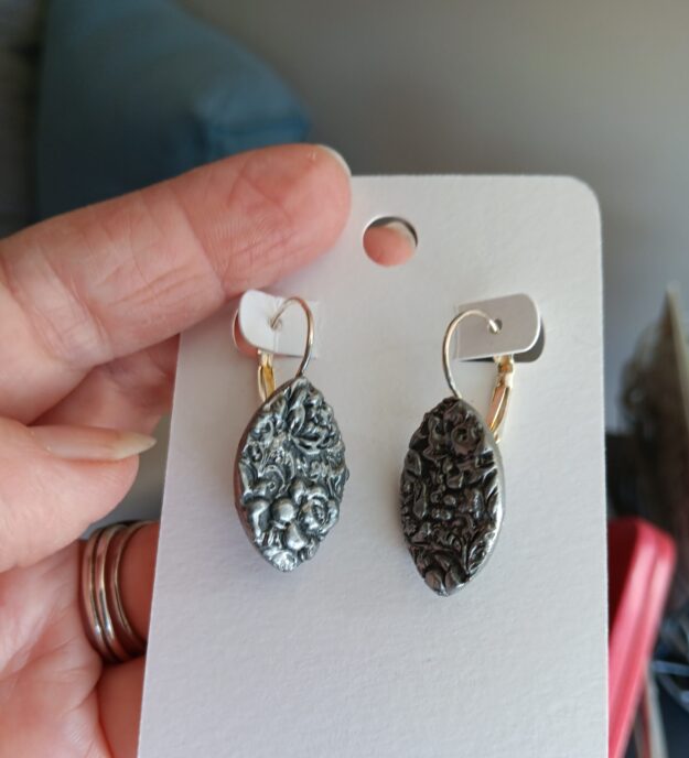 Faux Pewter Polymer Clay Eye Shaped Drops on stainless leverback wires