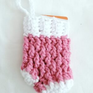 Crochet Holiday Ornament Card Holder - Pink/White Mini Stocking
