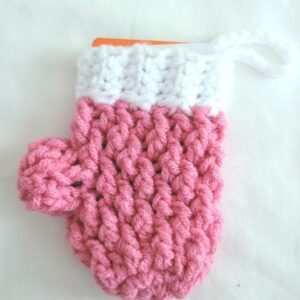 Crochet Holiday Ornament Card Holder - Pink/White Mini Mitten