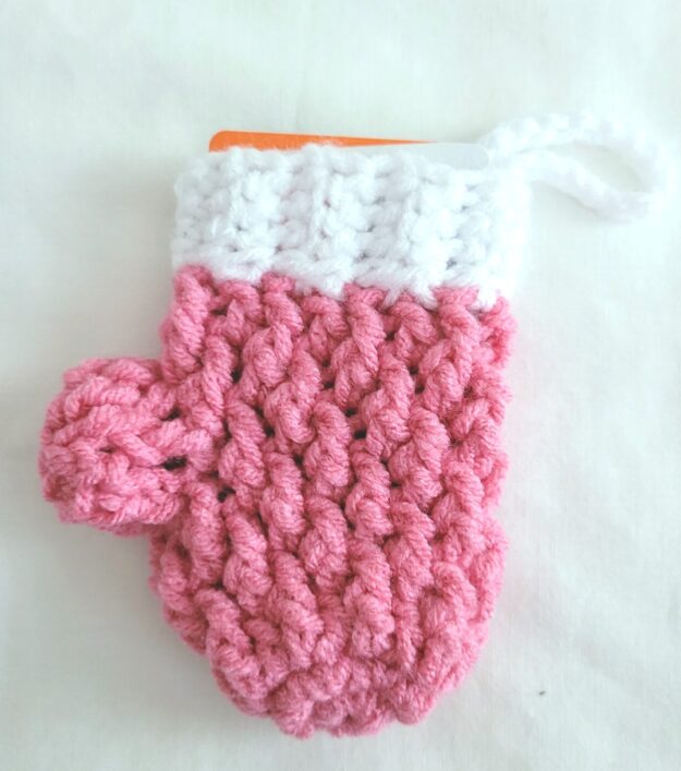 Crochet Holiday Ornament Card Holder - Pink/White Mini Mitten