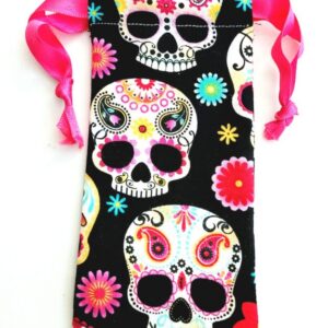 Drawstring Bag – Reusable Gift & Storage Pouch - Mini Sugar Skulls with Pink Ribbon