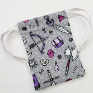 Drawstring Bag – Reusable Gift & Storage Pouch - Quest in Silver and Purple with Grey Ribbon