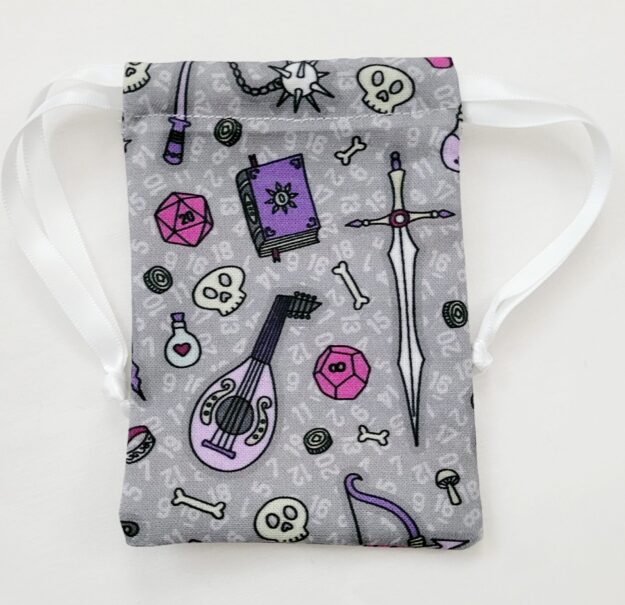 Drawstring Bag – Reusable Gift & Storage Pouch - Quest in Silver and Purple with White Ribbon