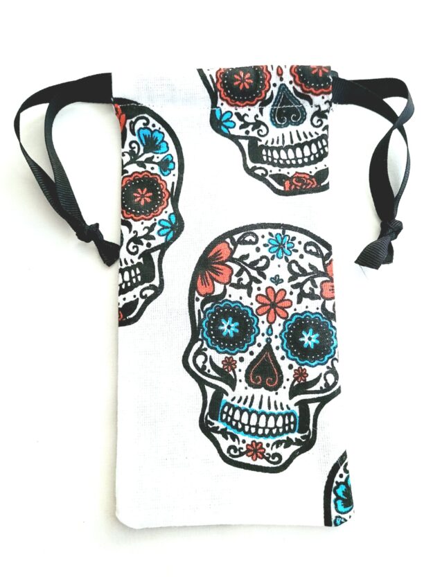Drawstring Bag – Reusable Gift & Storage Pouch - White, Sugar Skulls