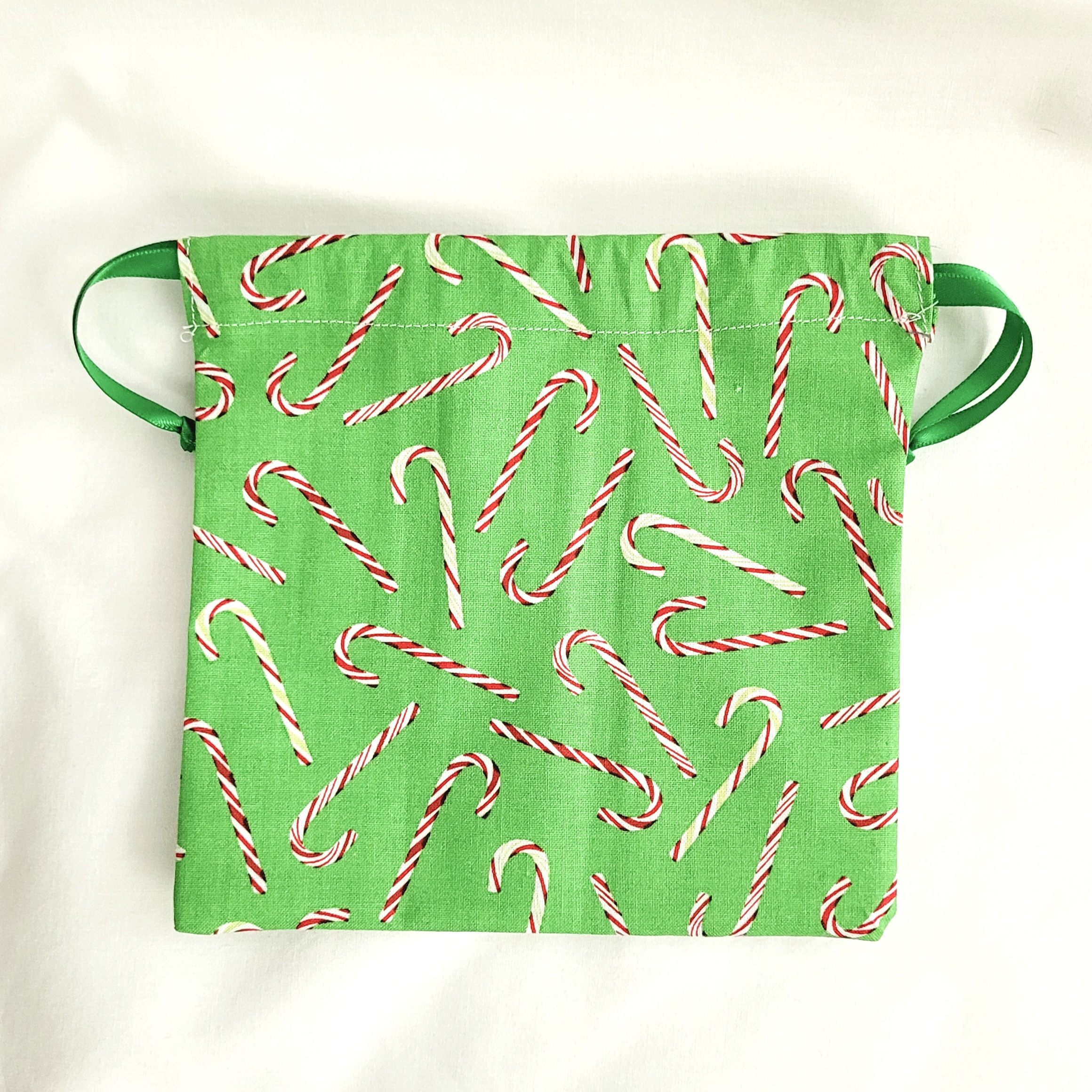 Drawstring Bag – Reusable Gift & Storage Pouch - Green, Candy Canes
