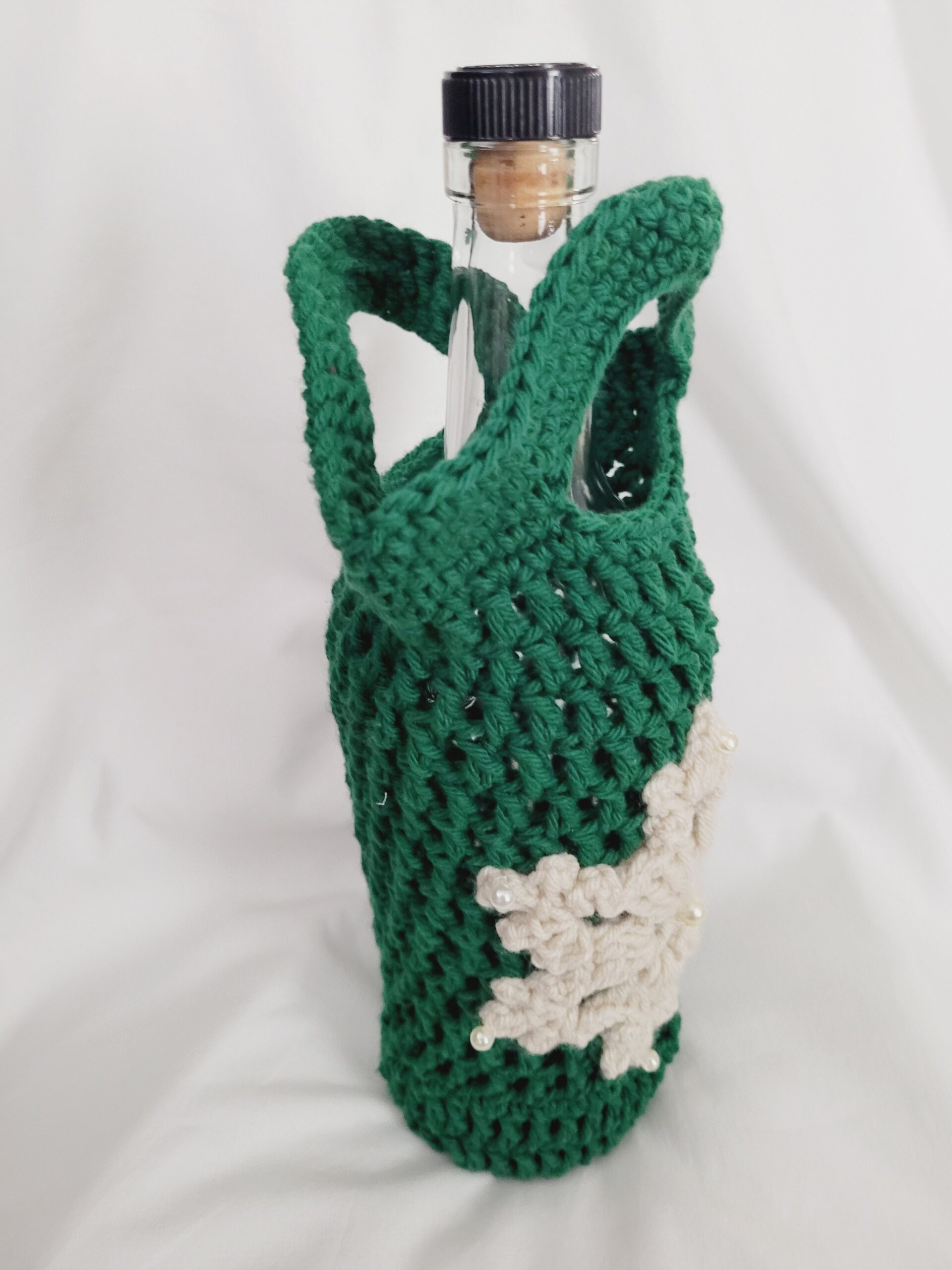 Crochet Gift Bag - Hunter Green with Beige Snowflake - Image 2