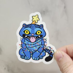 Silly Demon Tiger Wrapped In Christmas Lights Vinyl Sticker 3"