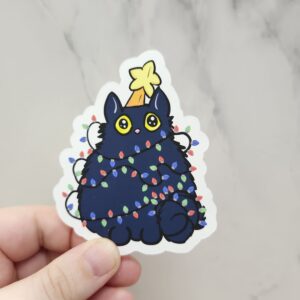 Black Cat Wrapped In Christmas Lights Vinyl Sticker 3"