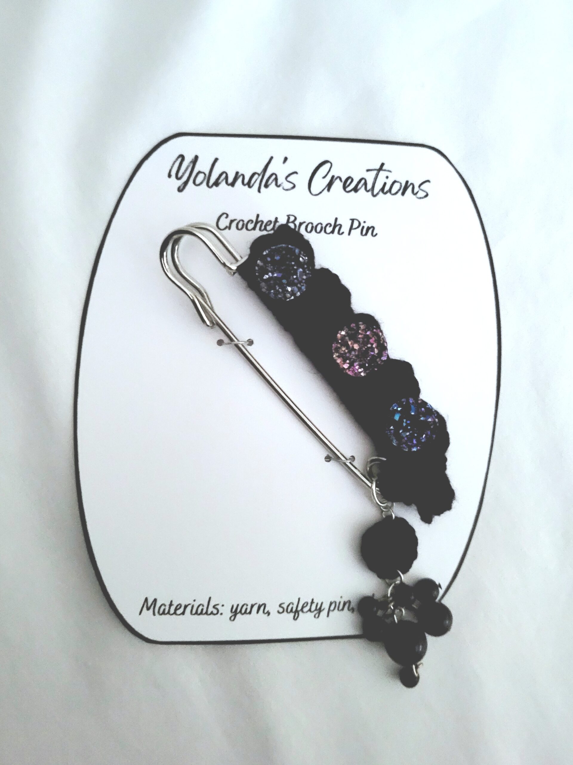 Crochet Brooch Pin - Black, Iridescent Beads with Pearls - Image 3