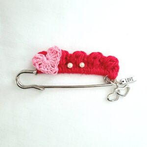 Crochet Brooch Pin - Red with Pink Heart and Love Heart Charms