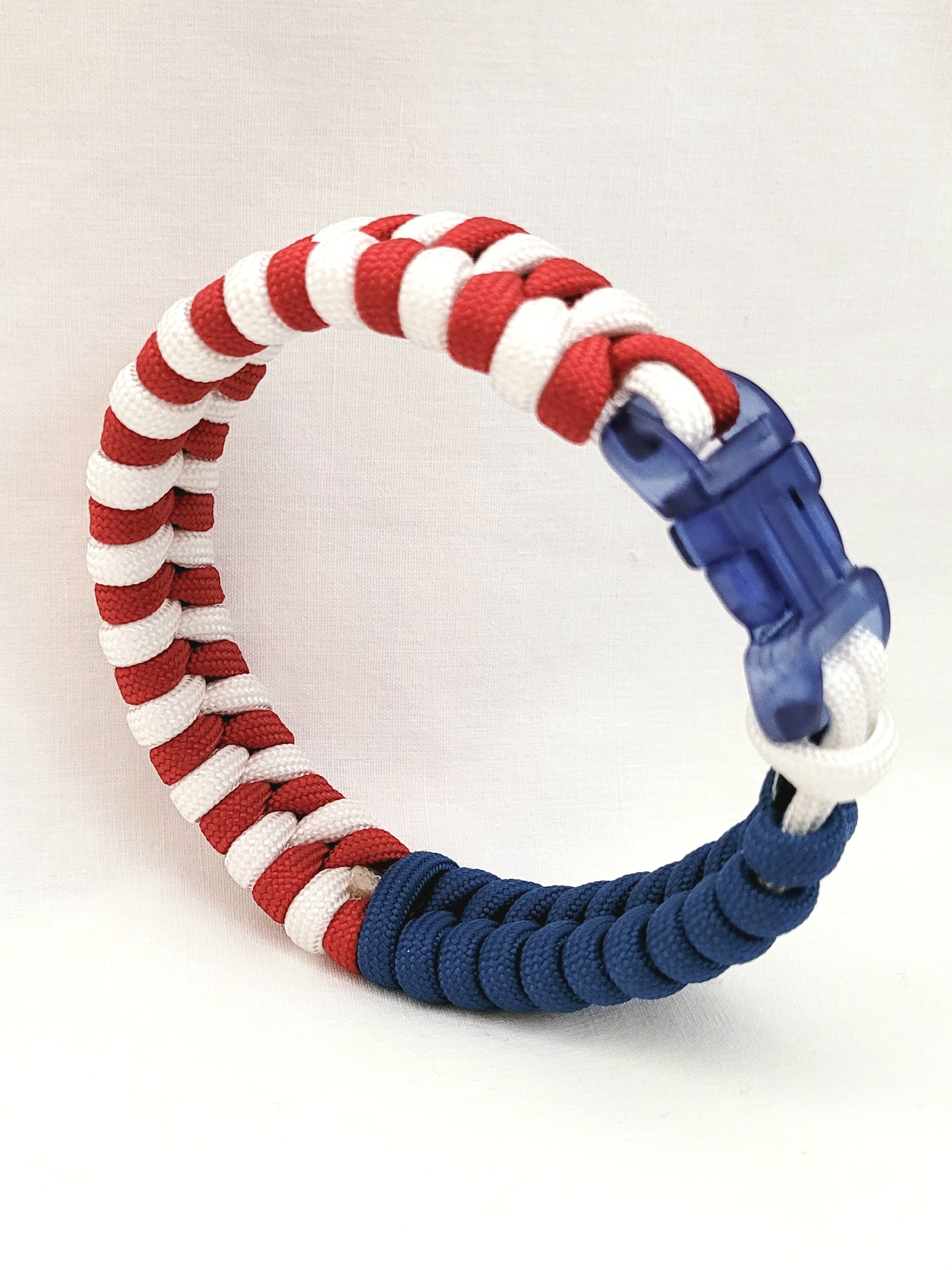 Paracord Braided Unisex Bracelet - Red/White with Blue with Blue Buckle - Image 2