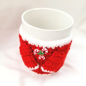 Coffee Cup Sleeve – Crochet Reusable Cup Cozy - Red/White with Candy Cane Button