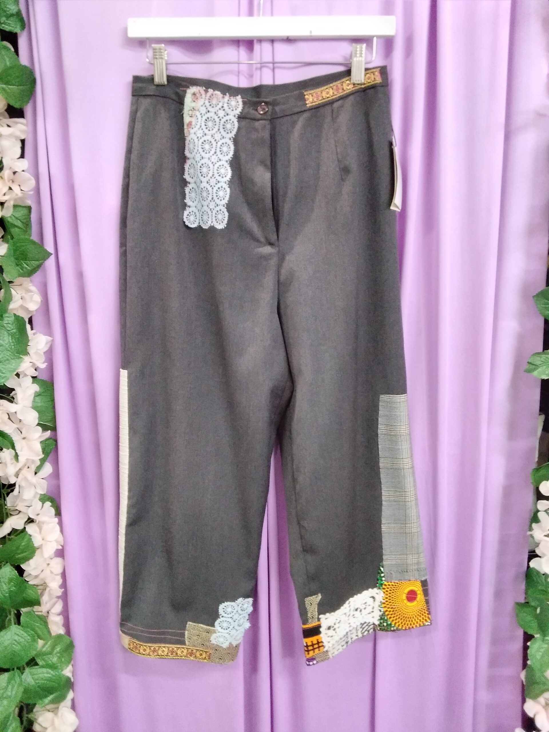 Grey Pants Upcycled With Fabric Patches