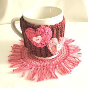 Coffee Cup Sleeve – Crochet Reusable Cup Cozy - Burgundy Pink Hearts with Mug Rug