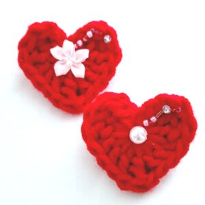 Crochet Brooch Pin - Heart, Red with Beads - Set