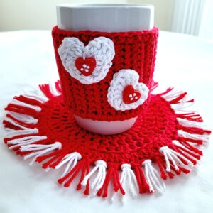 Coffee Cup Sleeve – Crochet Reusable Cup Cozy - Red and White Hearts with Mug Rug