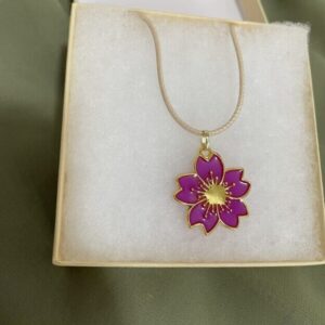 Floral Blossom Pendant Necklace – Gold Trim Flower Charm on Adjustable Cord