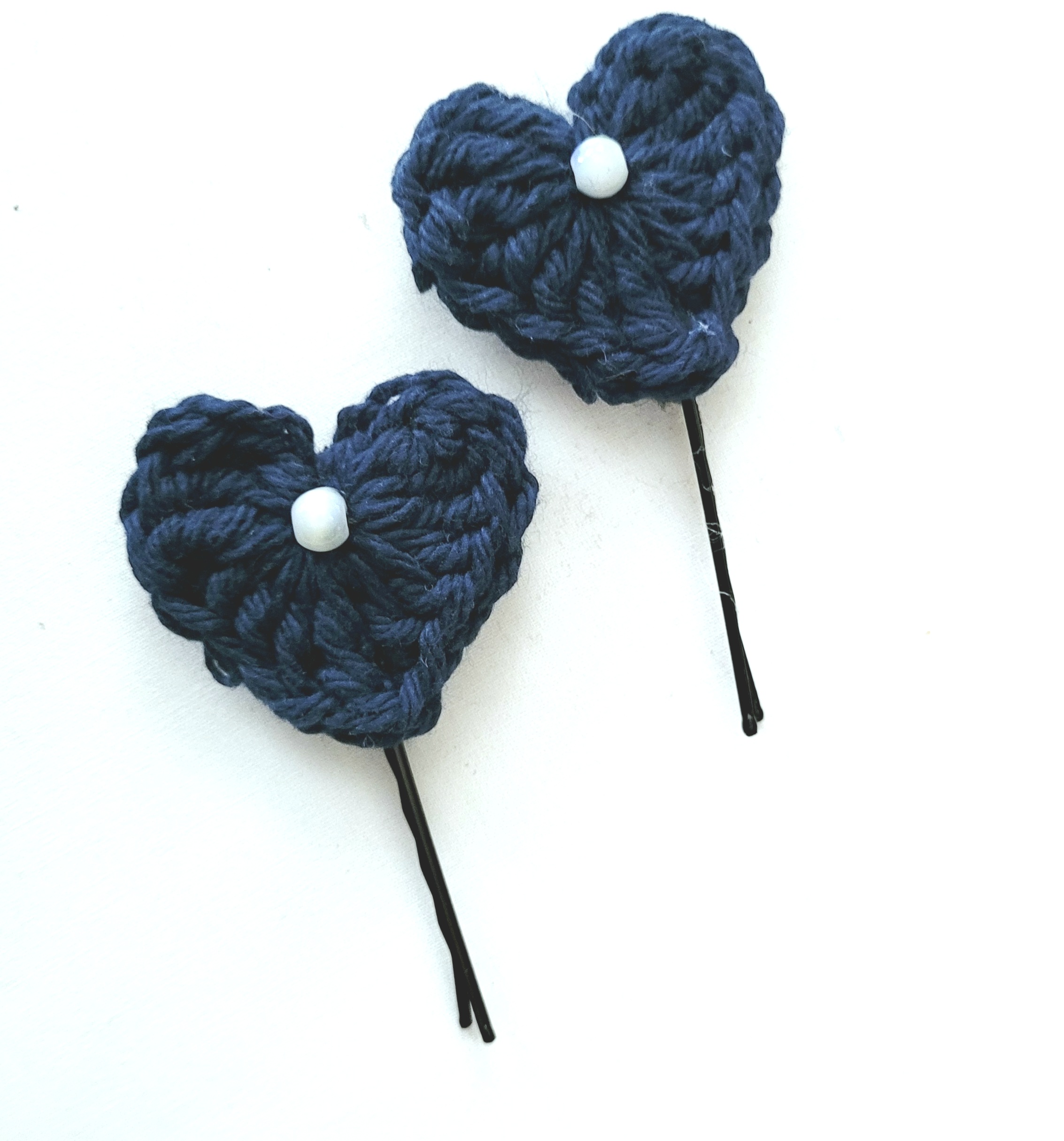 Hair Pin, Crochet Heart Hair Pin Set - Navy Blue