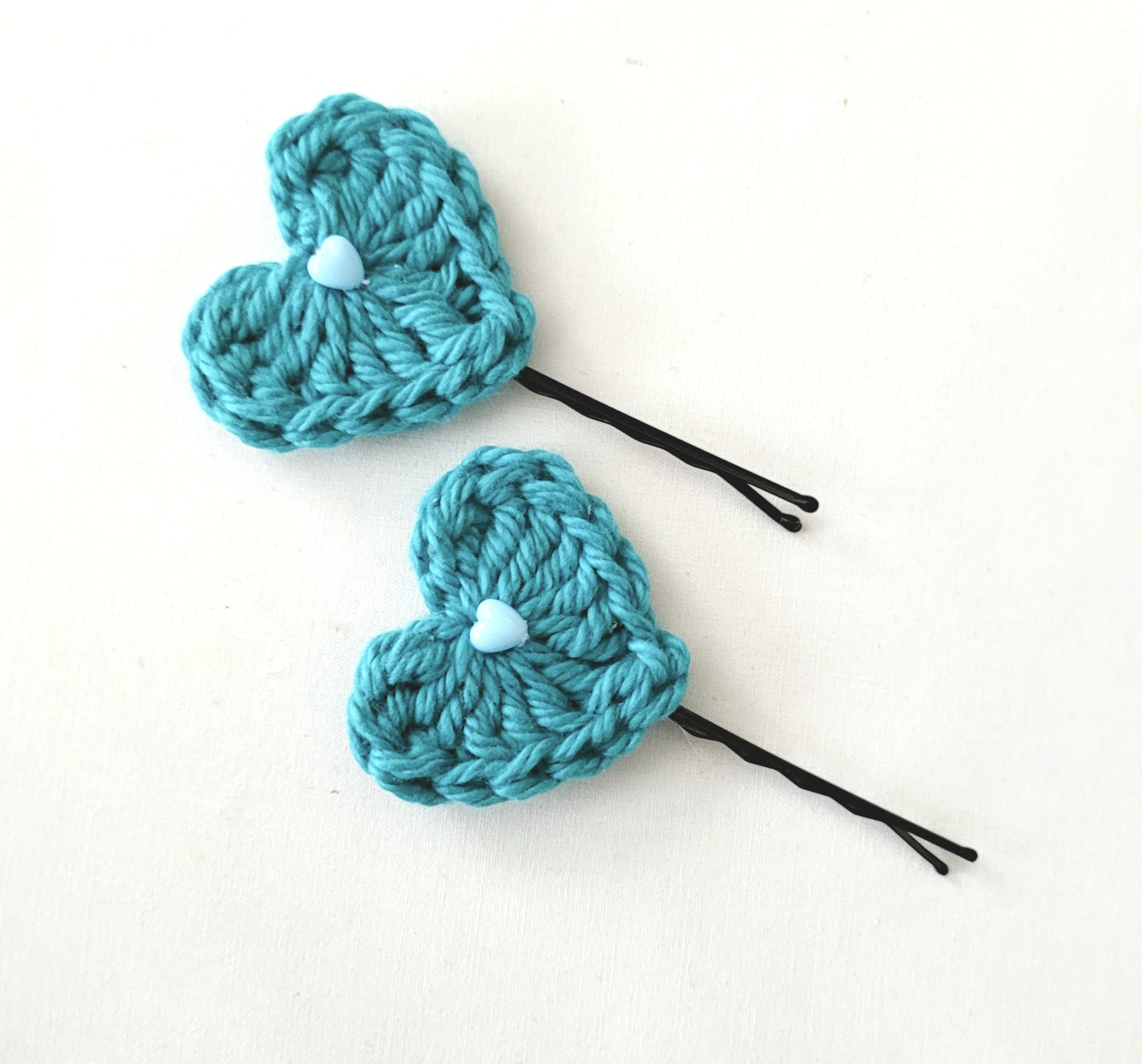 Hair Pin, Crochet Heart Hair Pin Set - Teal