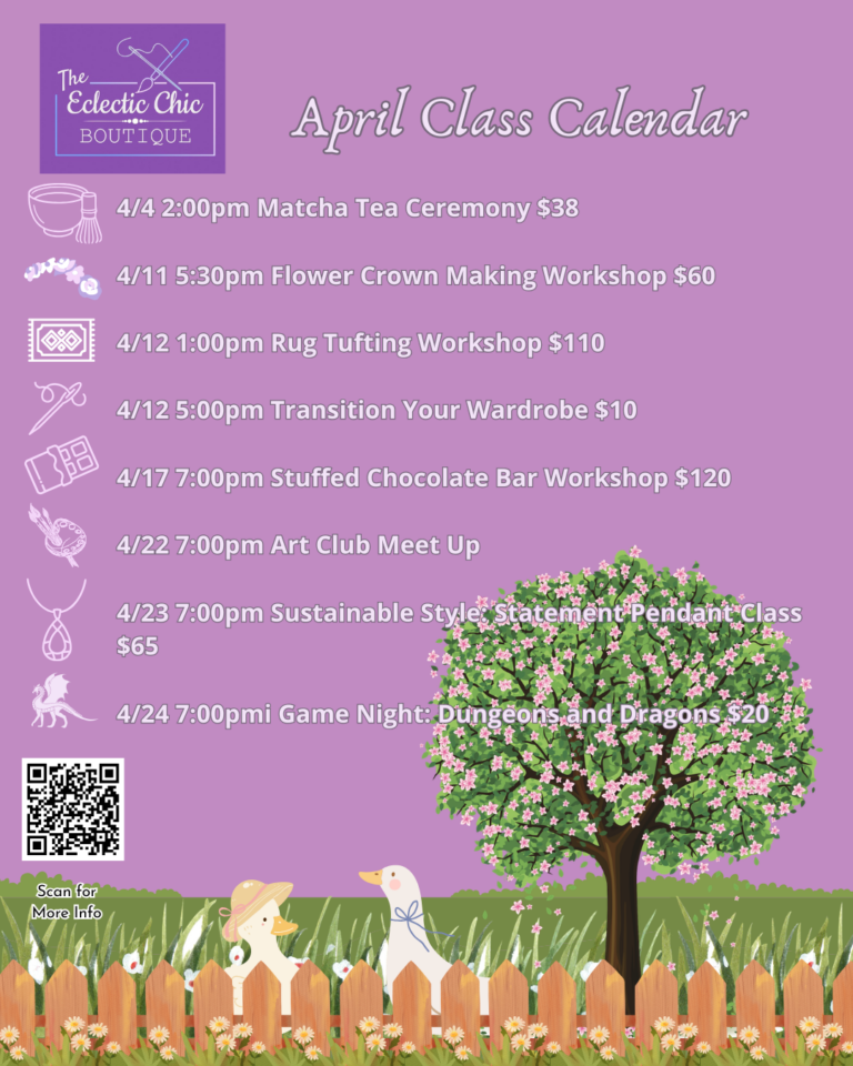 April 2026 Craft Class Calendar - The Eclectic Chic Boutique