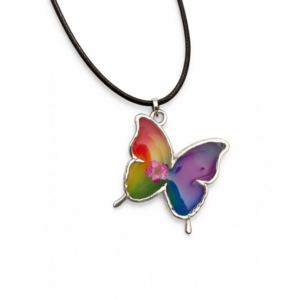 Rainbow Butterfly Pendant Necklace with Floral Accents