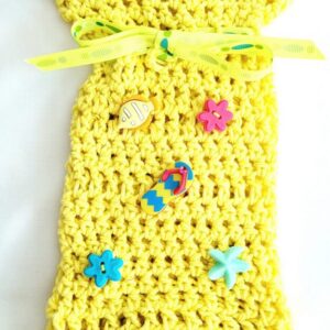 Gift Bag, Crochet Gift Bag - Bright Yellow with Ribbon and Beach Theme