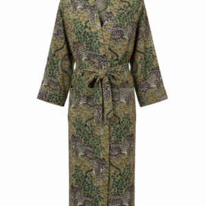 Green Leopard Hand Block Printed Cotton Waffle Bathrobe