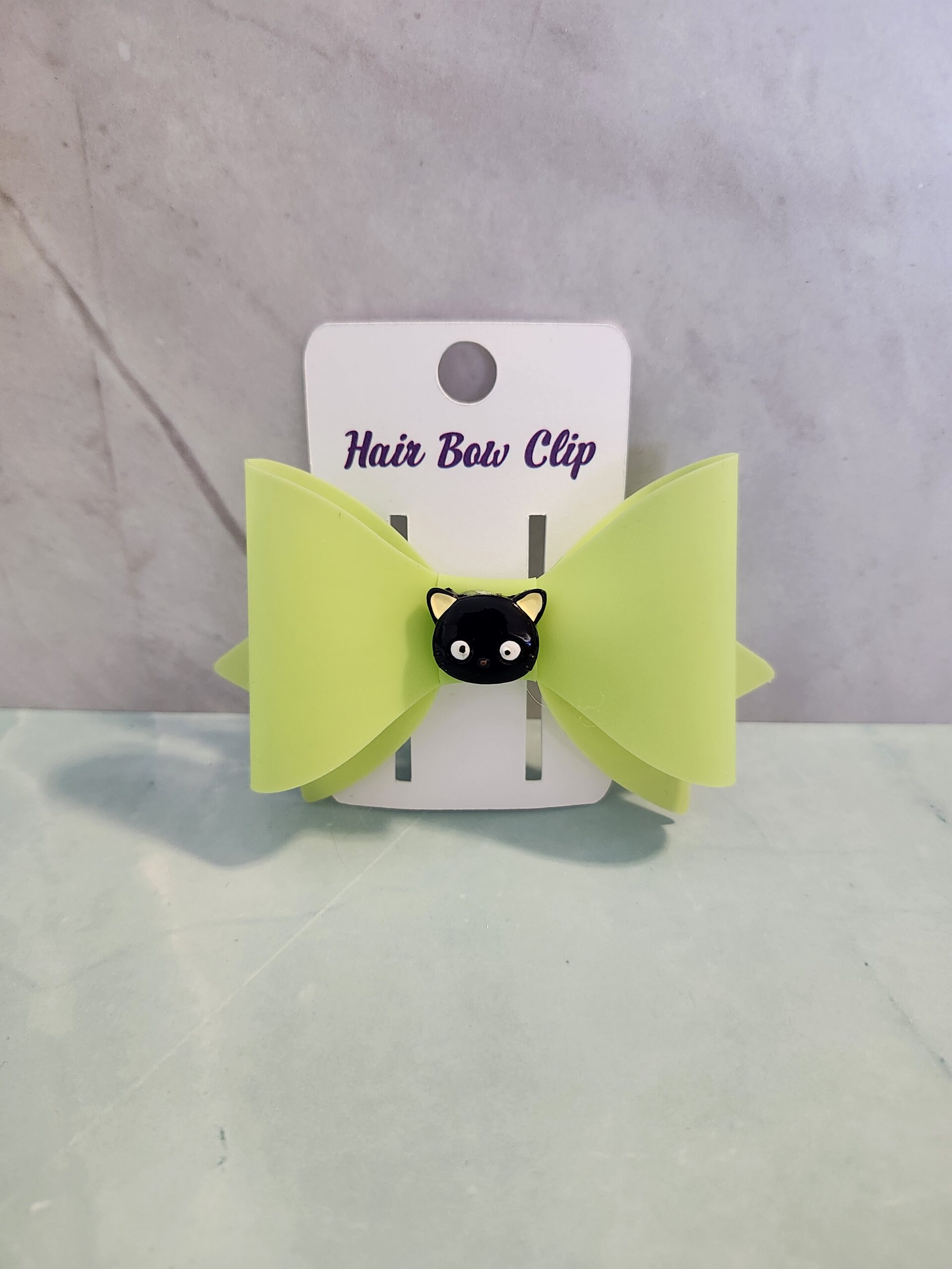 Neon Yellow Jelly Vinyl Faux Leather Cat Charm Hair Bow Clip