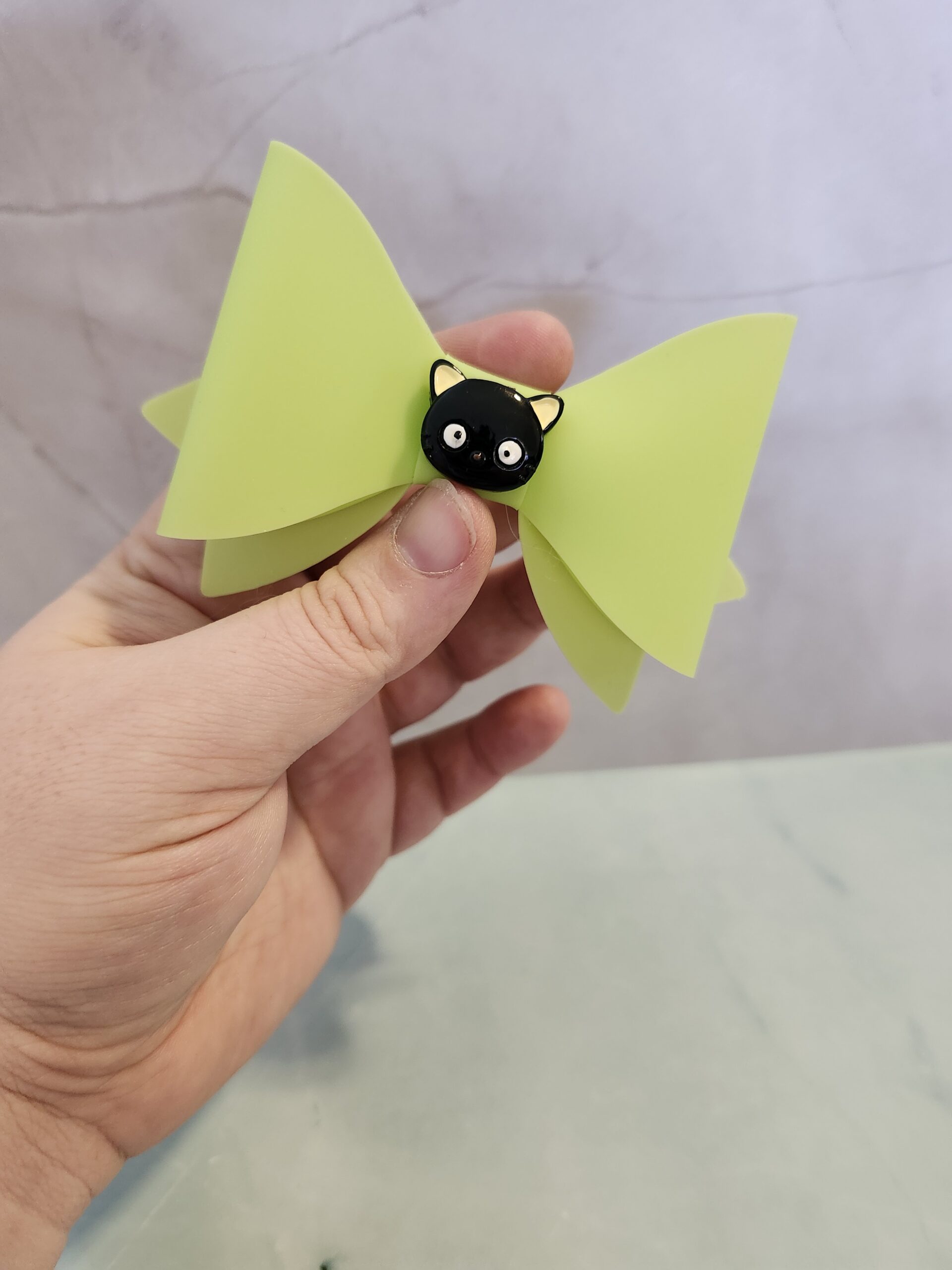 Neon Yellow Jelly Vinyl Faux Leather Cat Charm Hair Bow Clip - Image 2