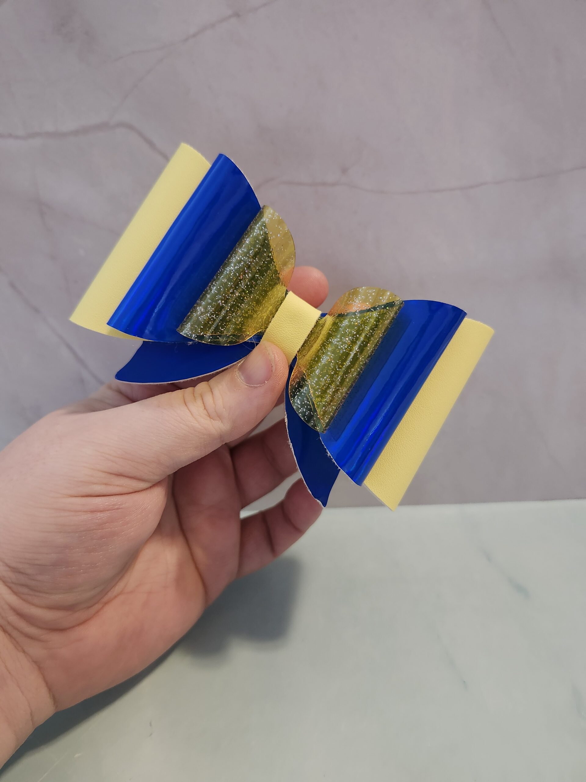 Yellow and Blue Jelly Vinyl Faux Leather Hair Bow Clip - Image 2