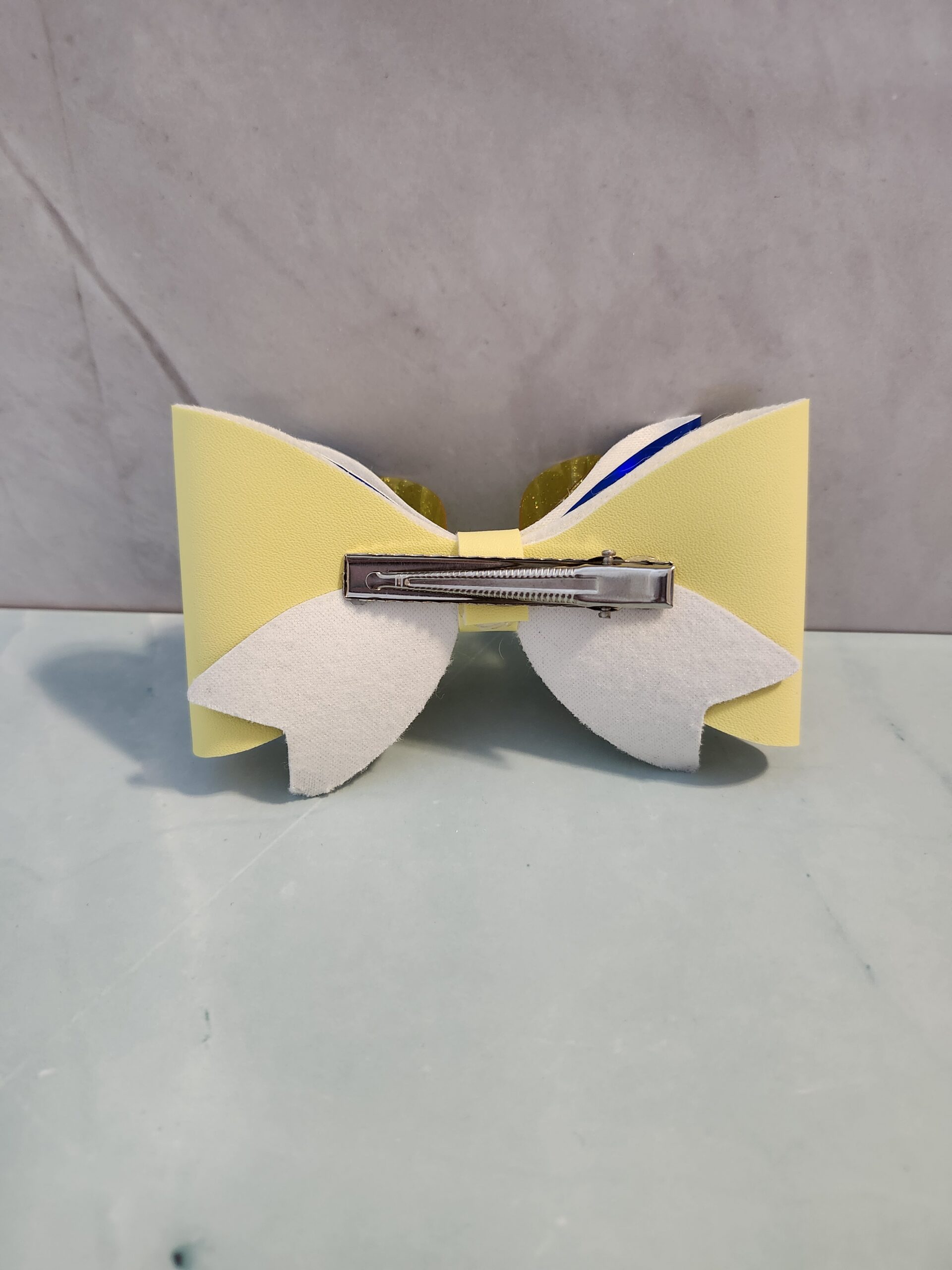 Yellow and Blue Jelly Vinyl Faux Leather Hair Bow Clip - Image 3