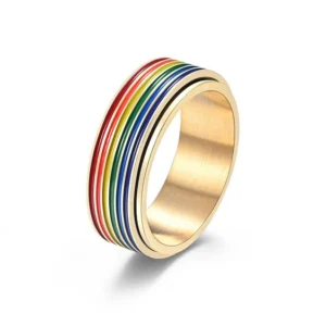 Rainbow Lgbtq Pride Fidget Spinner Ring in Stainless Steel