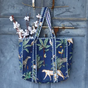 Navy Blue Jungle Safari Cotton Tote Bag