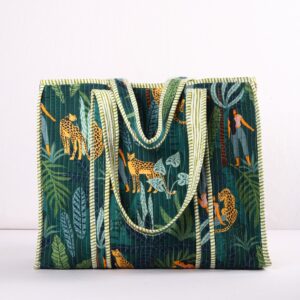 Green Leopard Cotton Tote Bag