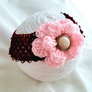 Headband, Crochet Mesh Headband - Burgundy with Crochet Pink Flower and Pink Button