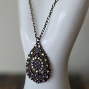 Antique Bronze Necklace with Large Rhinestone Pendant