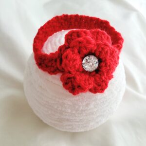 Headband, Crochet Headband - Red with Red Crochet Flower and Faux Diamond Button