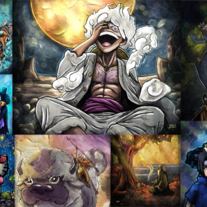 collage of anime inspired paintings including pirates, skeletons, cat creatures, alien warriors, monks, and ninjas