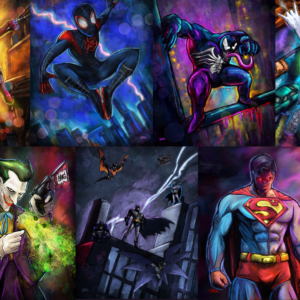 painting collage depicting spider and bat heroes with a clown villain