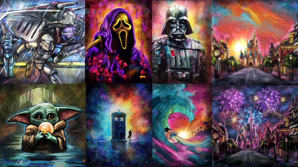 collage of paintings depicting scary movie slasher, robot villain, princess castles, alien baby, and time traveler