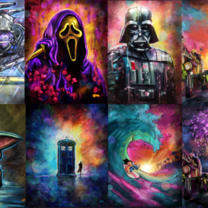 collage of paintings depicting scary movie slasher, robot villain, princess castles, alien baby, and time traveler