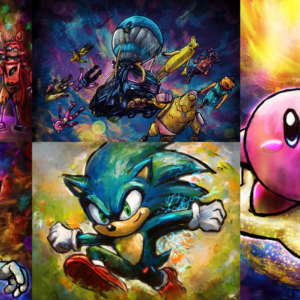 painting collage of video game inspired characters, pink ball, hedgehog, shooting game, horror amusement park