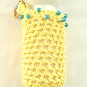 Water Bottle Holder with Carabiner Clip - Bright Yellow with Blue Beads