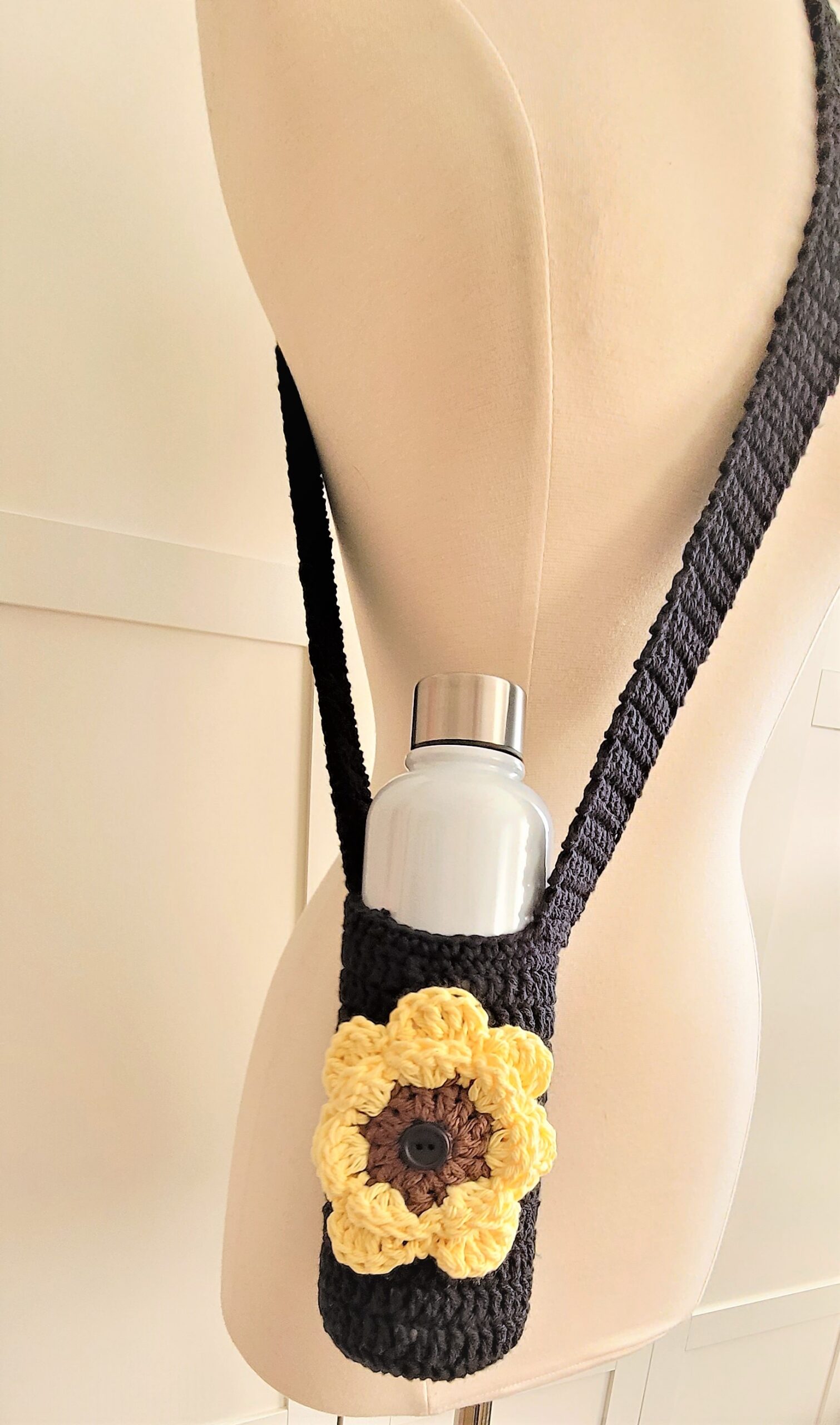 Water Bottle Holder with Strap - Black with Yellow Flower - Image 8