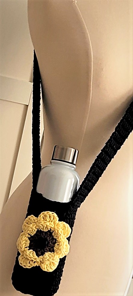 Water Bottle Holder with Strap - Black with Yellow Flower - Image 7