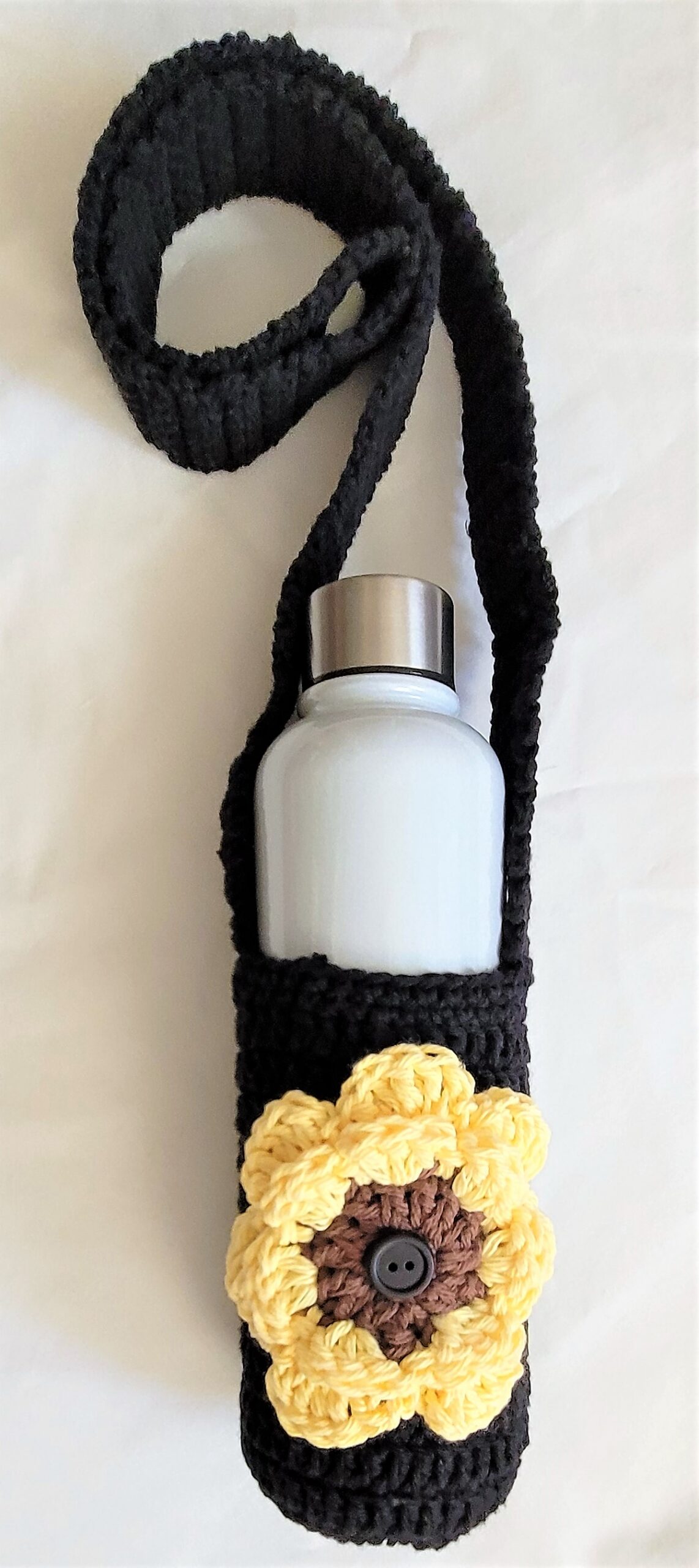 Water Bottle Holder with Strap - Black with Yellow Flower - Image 6