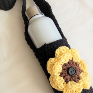 Water Bottle Holder with Strap - Black with Yellow Flower